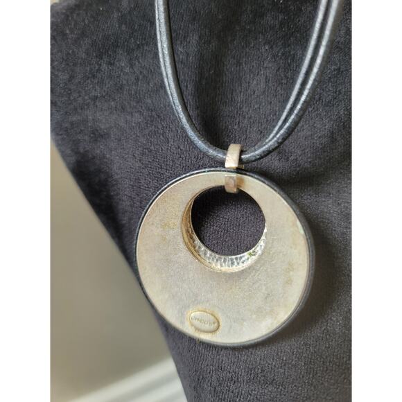Chico's Pendant Necklace With Round Silver Tone Disc On Black Cord Lobster Clasp - Picture 8 of 8